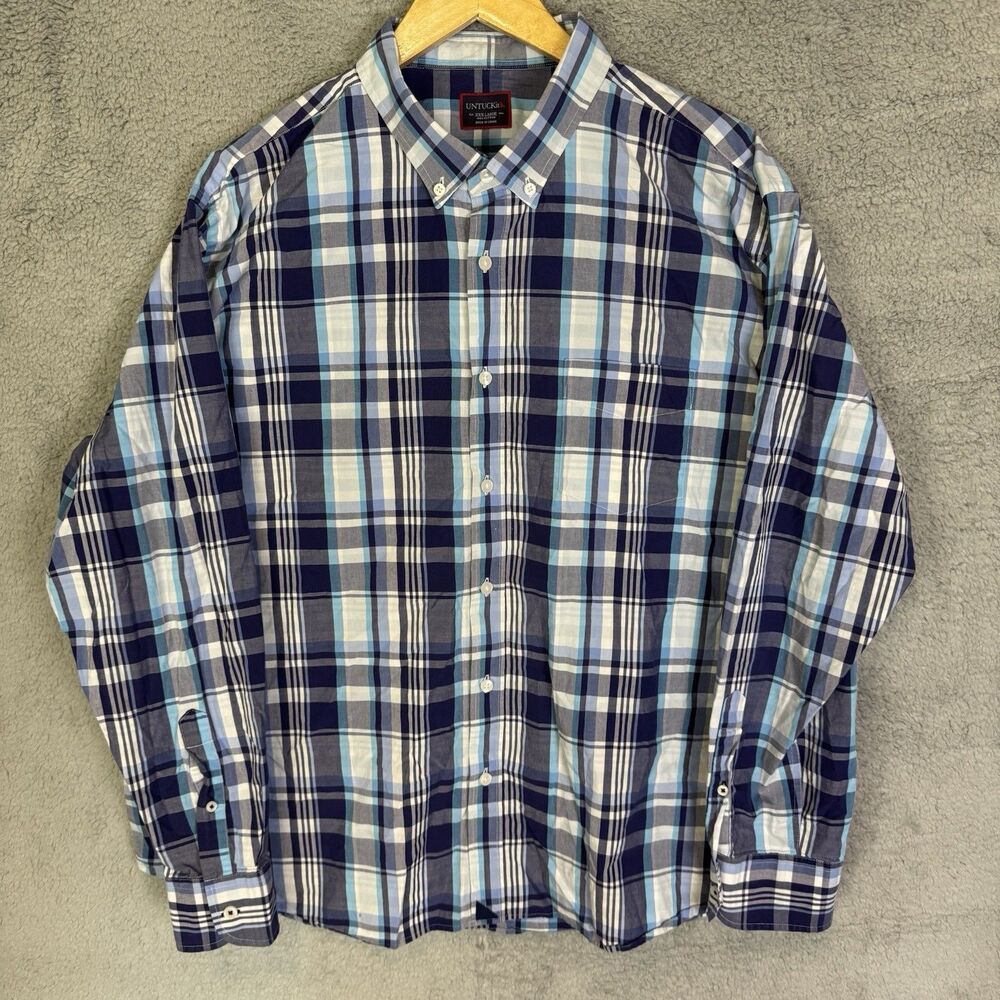 Untuckit‎ Shirt Men's 3XL Blue Plaid Long Sleeve Button Up Casual